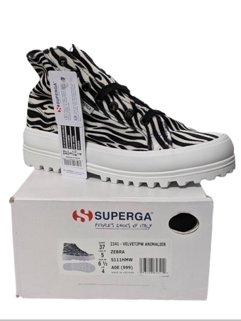 NWT SUPERGA White & Black Zebra Hi-Top Platform Sneakers